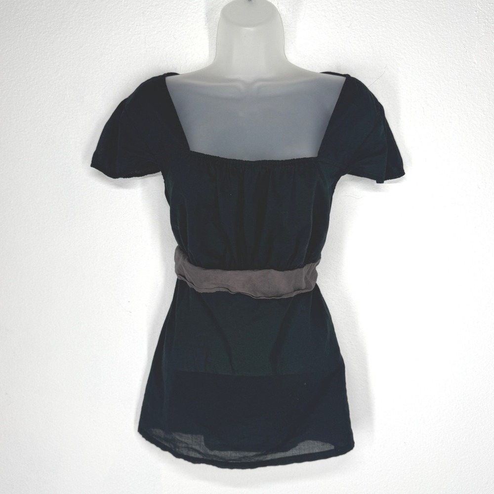 Mossimo Womens Vintage Black Cotton Gauze Square Neck Tie Waist Tunic Top XL Y2K